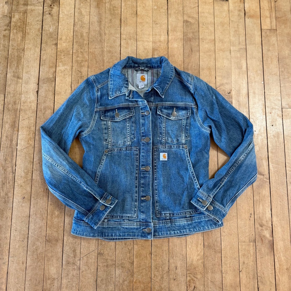 Carhartt Womens Sz S 4/6 Benson Denim Jean Jacket Stone Wash Rugged Flex Trucker